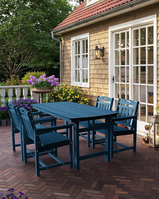 HDPE Outdoor Patio Dining Set with Table & 4 Chairs, All-Weather 5-Piece Outdoor Table and Chairs, 2" Umbrella Hole, Patio Furniture for Garden, Backyard, Deck | Navy Blue