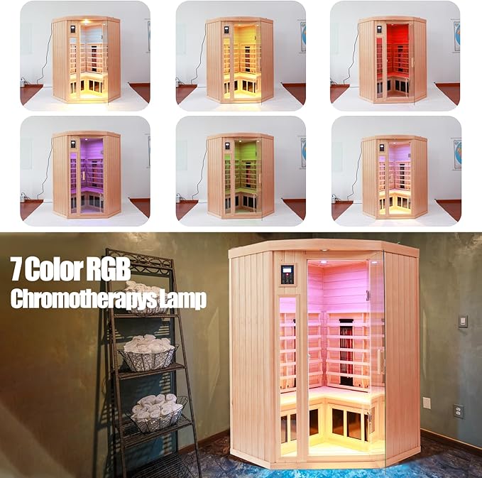 Ceramic Infrared Sauna 2 Person Far Infrared Sauna Low EMF Indoor Saunas for Home Hemlock Wooden Sauna Room with Bluetooth Speakers, LED Reading Lamps, Chromotherapy Lights