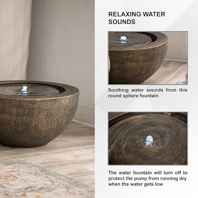 Xbrand 19.8" W Round Polyresin Indoor/Outdoor Sphere Water Fountain with LED Light, Garden/Patio Water Fountain Décor, Bronze