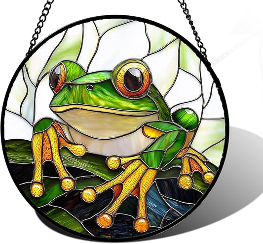 Stained Glass Window Hanging, Green Frog White Petals Sun Catchers Colorful Glass Panel Cute Suncatcher Decor for Birthday for Women, Men, Wife, Aunt, and Mom 11.8x11.8 in