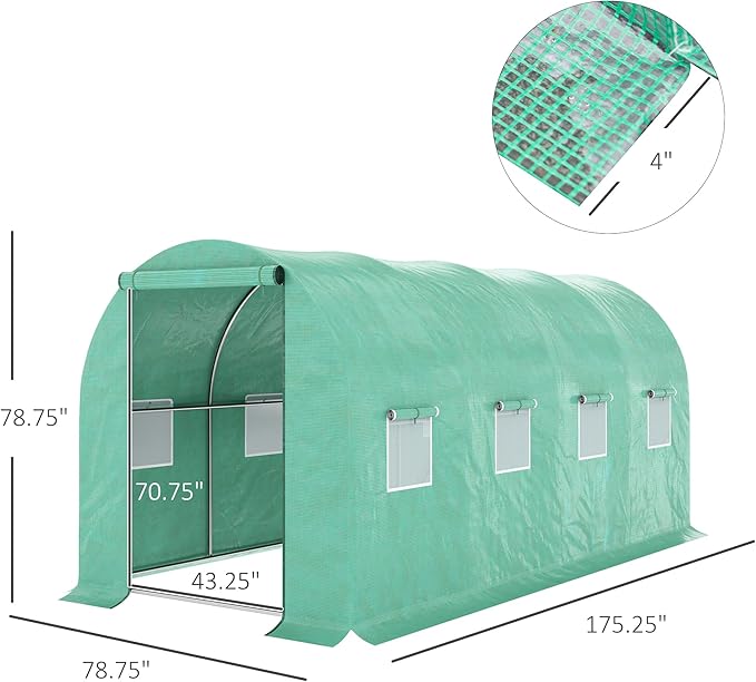 Outsunny 15' x 7' x 6.5' Walk-in Tunnel Hoop Greenhouse, Green House for Outside with PE Cover, Steel Frame, Roll-Up Zipper Door & Windows for Flowers, Vegetables, Tropical Plants, Green