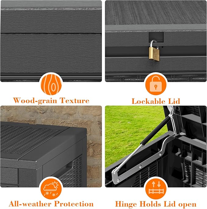 LHBcraft 100 Gallon Outdoor Storage Box Waterproof, Lockable Patio Storage Boxes Outdoor Waterproof for Furniture, Resin Deck Box Doubles as 2-Person Bench Seat, Gardening Tools, Black