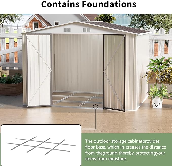 10x8 FT Outdoor Storage Shed with Foundation,Metal Aluminum Tool Sheds,Heavy-Duty Sheds with Sloped Roof, Air Vent and Hinge Doors,Garden Shed Bike Shed for Backyard Patio Lawn,Cream White