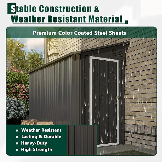 4×8 Ft Lean to Shed with Floor, Metal Outdoor Storage Shed, 0.25mm Galvanized Steel Metal Garden Shed Waterproof with Lockable Door for Backyard, Patio, Garden, Black