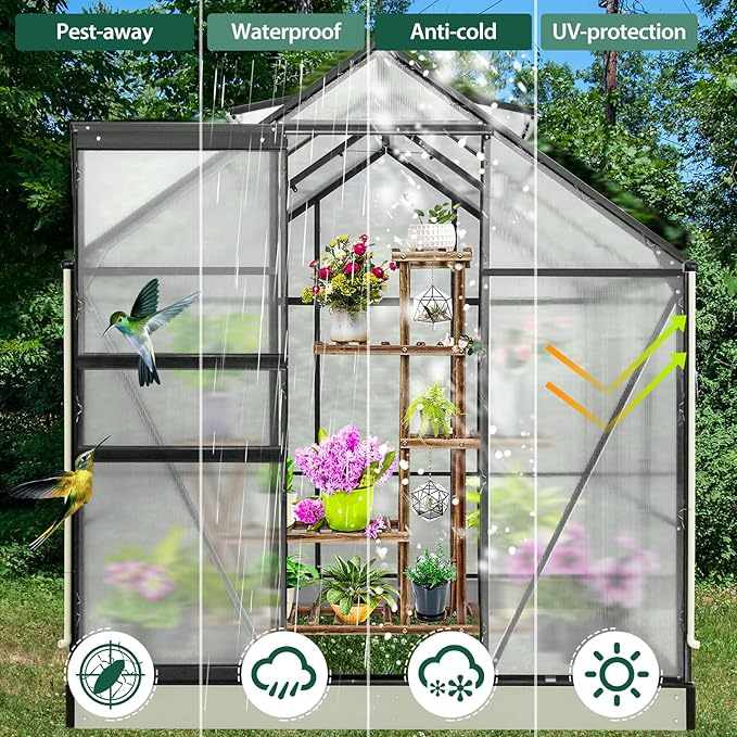 EAGLE PEAK 6x6x7 Outdoor Walk-in Hobby Greenhouse with Adjustable Roof Vent and Rain Gutter, Base and Anchor, Polycarbonate Aluminum Green House for Backyard Garden, Gray