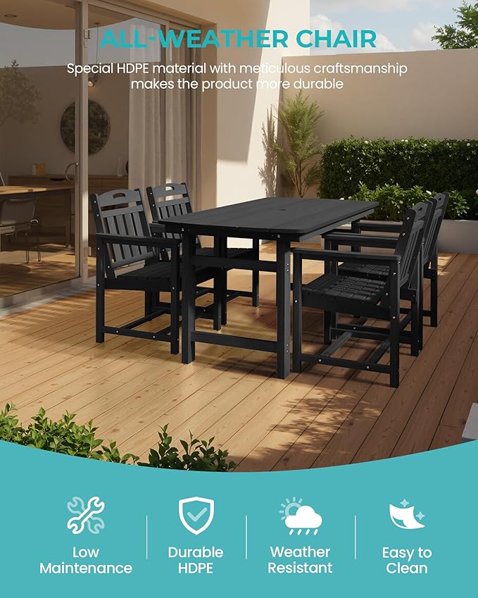 HDPE Outdoor Patio Dining Set with Table & 4 Chairs, All-Weather 5-Piece Outdoor Table and Chairs, 2" Umbrella Hole, Patio Furniture for Garden, Backyard, Deck | Matte Black