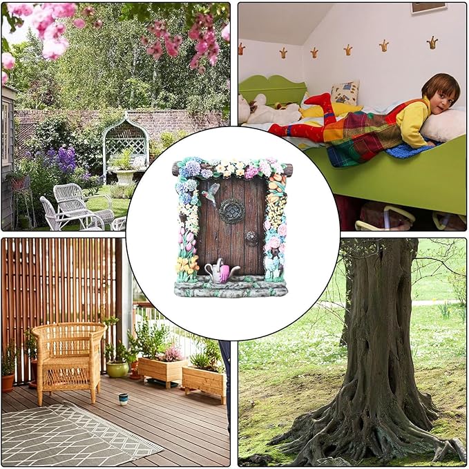 Miniature Fairy Door, Wooden Gnome Door for Trees Wall, Fairy Garden Outdoor Decor Accessories