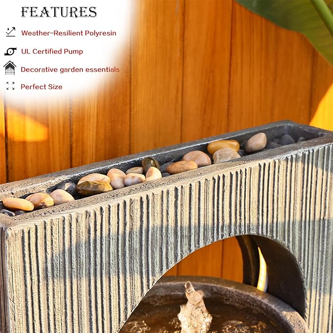Water Fountain Zen Feature Outdoor Indoor - Waterfall Garden Freestanding Fountains ρ-Shaped Hollow Artistry Design with LED Lights for Home Decor Patio Yard Pool, 41 inches