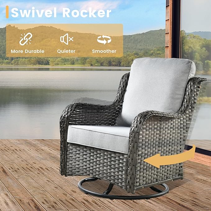 HOOOWOOO Patio Furniture Set,7 Piece Outdoor Furniture Set with Fire Pit Table,Wicker Patio Conversation Couch Swivel Chairs Ottoman Set,Light Gray