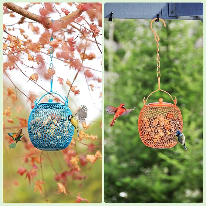 Set of 3 Ball Bird Feeder Squirrel Proof Feeder for Outdoors, Hanging Metal Bird Seed Holder，Mesh Bird Feeders for Garden and Backyard Decoration, Green, Blue,Orange