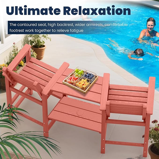 Tall Adirondack Chairs Set of 2, All Weather HDPE Poly Bar Height Balcony Adirondack Chair with Removable Double Connecting Trays, Outdoor Adirondack Barstools for Deck, Patio, Yard, Pool, Lawn