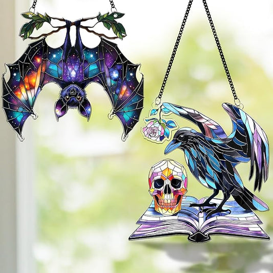 2 Halloween Decorations Bat Raven Acrylic Suncatchers, Window Hanging Bat Gothic Decor, Spooky Raven Halloween Ornament Gifts, Idea Gifts Holiday Keepsake, Scary Home Indoor Outdoor Display SS344