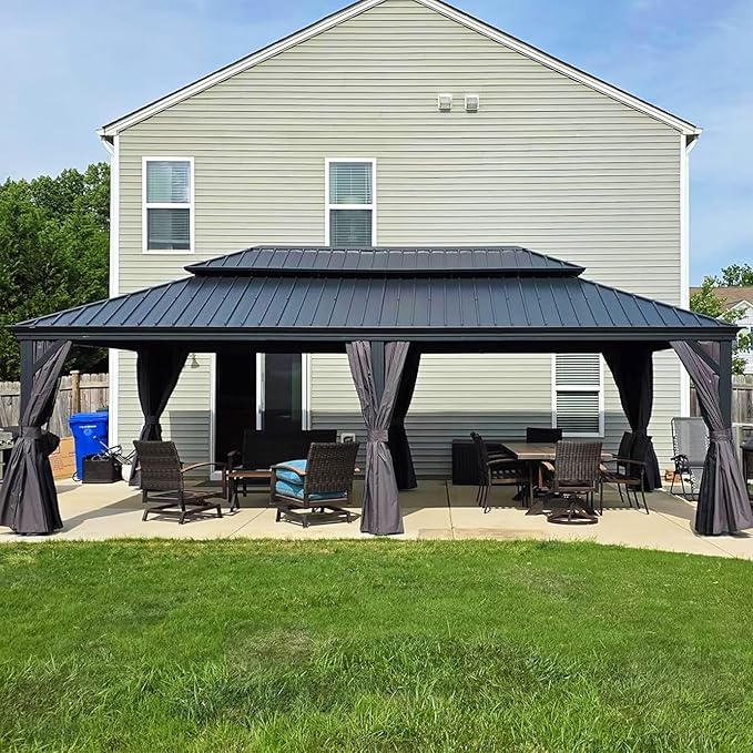 PURPLE LEAF 14' X 24' Outdoor Hardtop Gazebo Aluminum Pavilion with Galvanized Steel Double Roof for Garden Patio Lawns Permanent Gazebo with Curtains and Nettings Grey