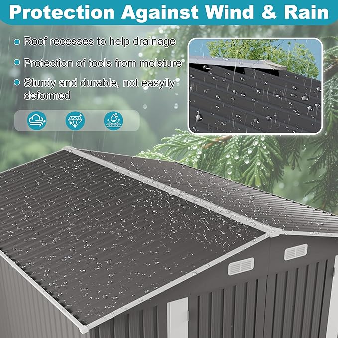 10x12 FT Outdoor Storage Shed, Large Metal Tool Shed with Peaked Roof and Lockable Door, Galvanized Steel Garden Shed with Clear Windows for Backyard Garden Patio Lawn, Gray