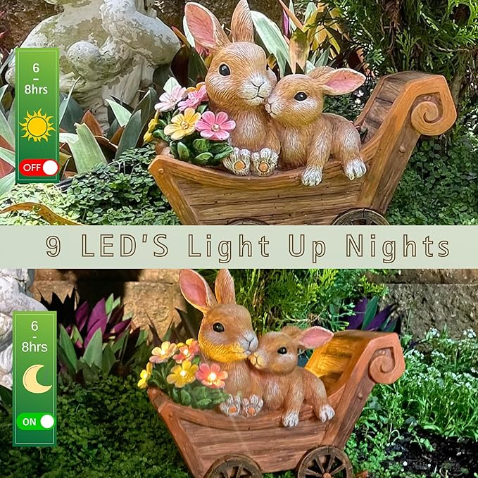 PRETMANNS Solar Rabbit Garden Statue - Mother & Baby Bunny Outdoor Decor with LED Lights for Patio, Yard Ornaments & Gifts for Women & Mom - Large