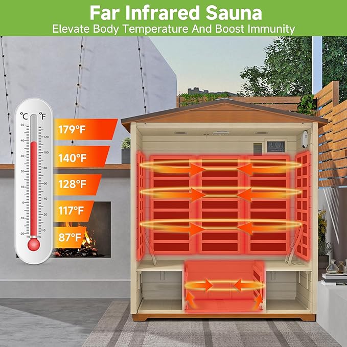 Springspa Outdoor Sauna 4 Person, Infrared Sauna for Home, Wooden Outdoor Saunas Room, 3400 Low EMF Far Infrared with Bluetooth, LCD Panel, 7 Color Chromotherapy Lamp, Reading Lamp