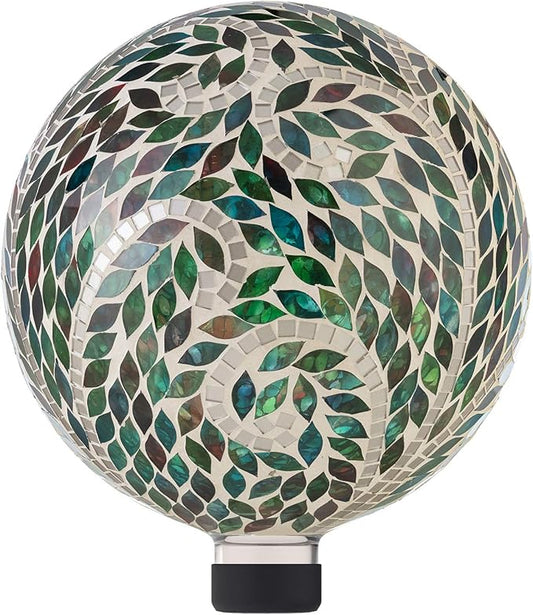 Alpine Corporation 10" Diameter Indoor/Outdoor Glass Mosaic Gazing Globe Yard Decoration, Scroll Leaf Pattern Design