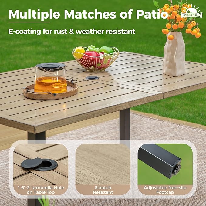 7 PCS Patio Dining Set for 6, Rectangular Wood-Like Metal Table with Umbrella Hole and 6 Chairs, Outdoor Table and Chairs for Lawn Garden Backyard and Deck, Brown