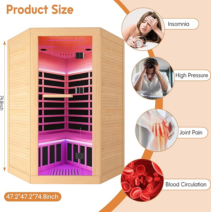 2-3 Person Sauna Corner Sauna Far Infrared Saunas Room Home Canadian Hemlock Indoor 2100W Low-EMF Dry Saunas with 7 Color Therapy 47.2 * 47.2 * 74.8inch