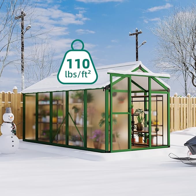6x10 FT Polycarbonate Greenhouse with Roof Vent - Large Aluminum Walk-in Greenhouse Kit for Gardening, Backyard, Patio, Lawn - Easy Assembly