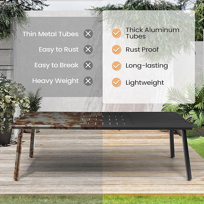 Outdoor Patio Dining Table for 8-10, 94 Inch Aluminum Table with Umbrella Hole, All-Weather Deck & Backyard Furniture