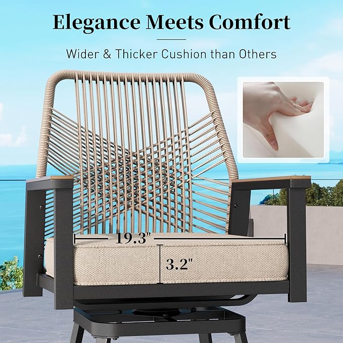Outdoor Swivel Bar Stools Set of 6, Rattan High Top Patio Chairs with Waterproof Cushion and Armrest, All-Weather Bar Height Furniture for Outside Patio Balcony and Pool, Beige