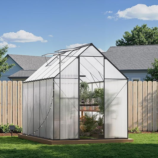 6X10 FT Greenhouse for Outdoors, Heavy Duty Polycarbonate Greenhouses, Large Walk-in Greenhouse with Roof Vent, Aluminum Hot House for Garden & Backyard