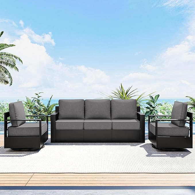 Outdoor Patio Furniture Set, 3-Piece Aluminum Patio Conversation Set All-Weather Metal Outdoor Sectional with 6 Inch Thick Cushions, Deep Setting for Garden, Outside and Porch