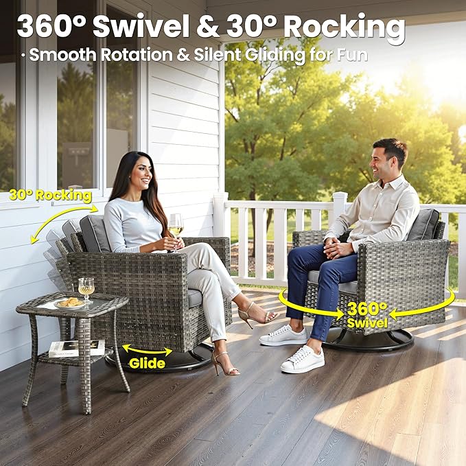 ovios 8 Pieces Patio Furniture Set with Swivel Chairs Rocking Gliders, Outdoor Sofa Couch with Solar Lights Table Comfy Cushions, Modern Deep Seat Wicker Rattan Conversation Set, Dark Grey