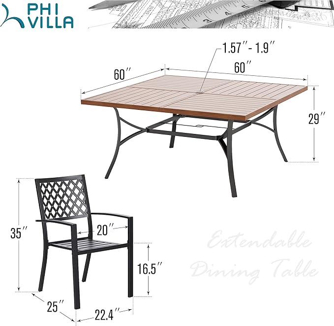 PHI VILLA 9-Piece Outdoor Dining Set, Retangualr Metal Table (60") with Umbrella Hole and 8 Stackable Dining Chairs – Perfect for Patio, Garden, Deck, Porch, and Yard, 9PCS Outdoor Dining Set Style 1