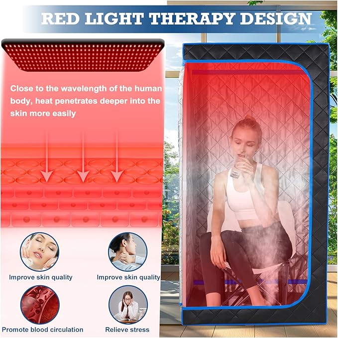 Smartmak Portable Steam Sauna, Full Body Sauna Tent for Home, 1 Person Steam Sauna Box with 660nm Red Light Therapy, 3L&1100W Sauna Steamer, Folding Chair