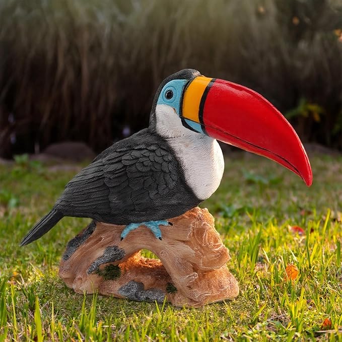 Elenon Toucan on Stump Garden Statue Decorative, Adorable Flower Bed 11 inch High Lifelike Bird Animal Outdoor Decor, Funny Yard Patio Art Sculptures Table Ornament, Red Mouth
