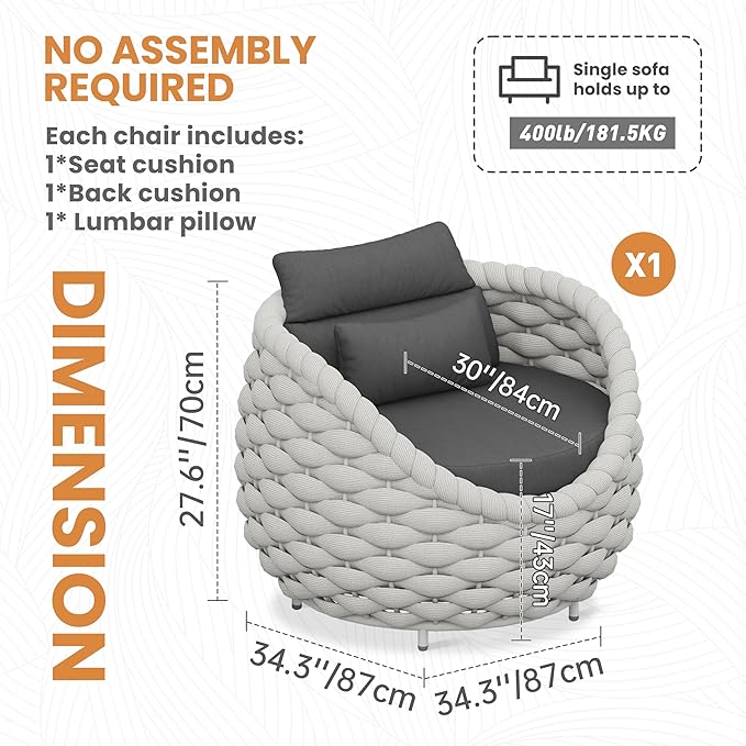 Porch Furniture Chair: Patio Accent Chair Aluminum - Woven Rope Cushioned Armchair Assembled - Modern Lounge Single Chair - All Weather 400lbs for Deck Balcony Yard Garden Hotel Poolside, Gray