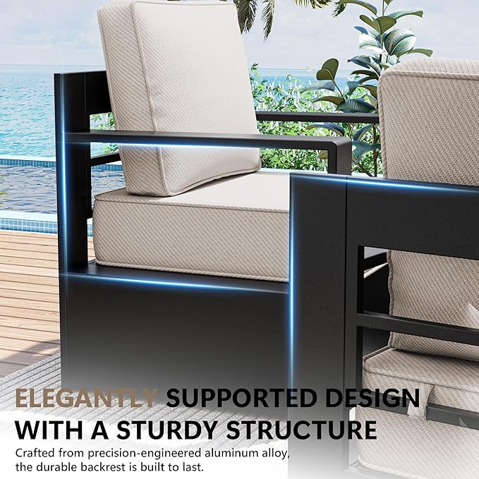 Outdoor Patio Furniture Aluminum Patio Chairs, All-Weather Metal Outdoor Chair with 6 Inch Thick Cushions, Deep Setting for Garden, Outside and Porch