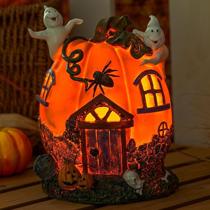 Topadorn Fall Pumpkin House Statue with LED， Pumpk Fall Decor for Home -Thanksgiving Indoor & Outdoor Party Decor, 7.09" H