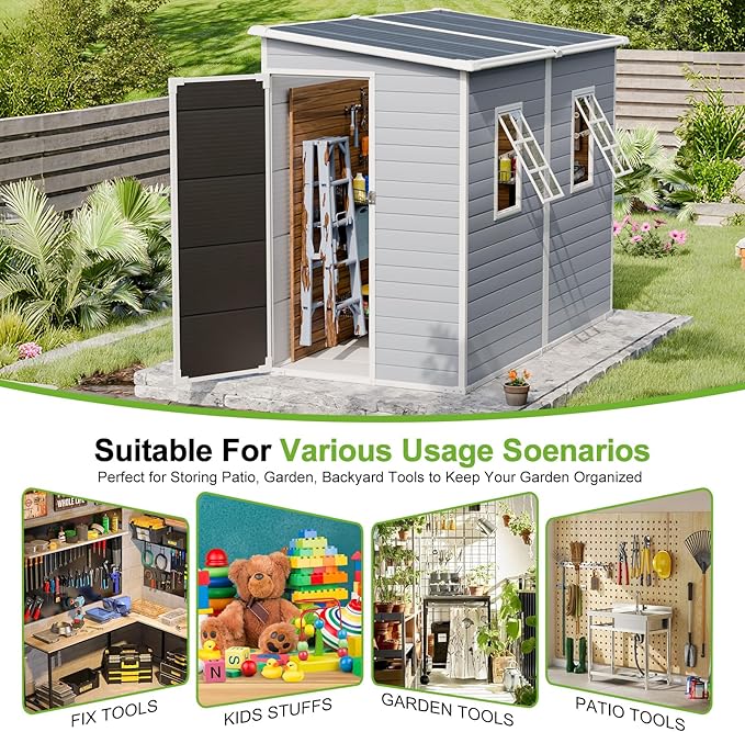 8x4 Outdoor Storage Shed, Lean to Shed with Floor for Patio and Garden, Waterproof Resin Plastic Storage Unit with Lockable Door & Awning Windows
