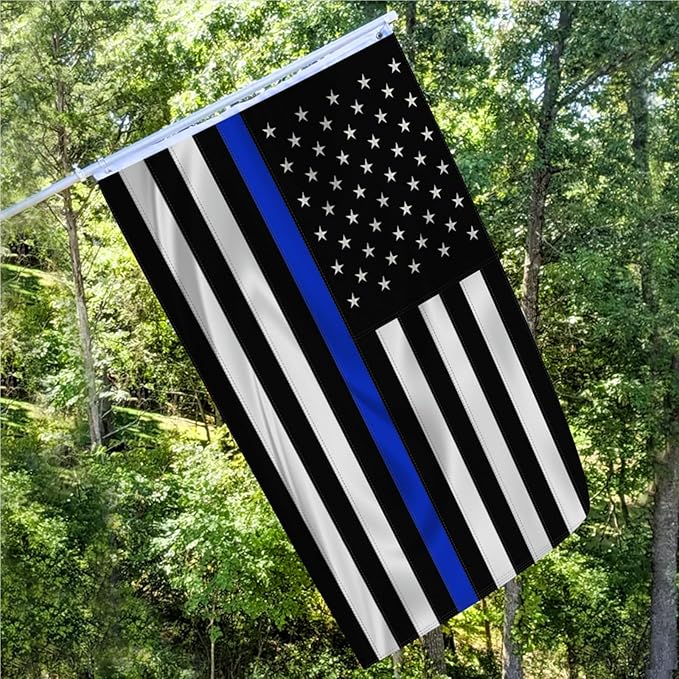 Embroidered Thin Blue Line Police Flag 3x5 Outdoor Lives Matter Law Enforcement Banner Polyester Fiber Back the Blue Flag Bright Color with Durable Canvas Header and 2 Brass Grommets