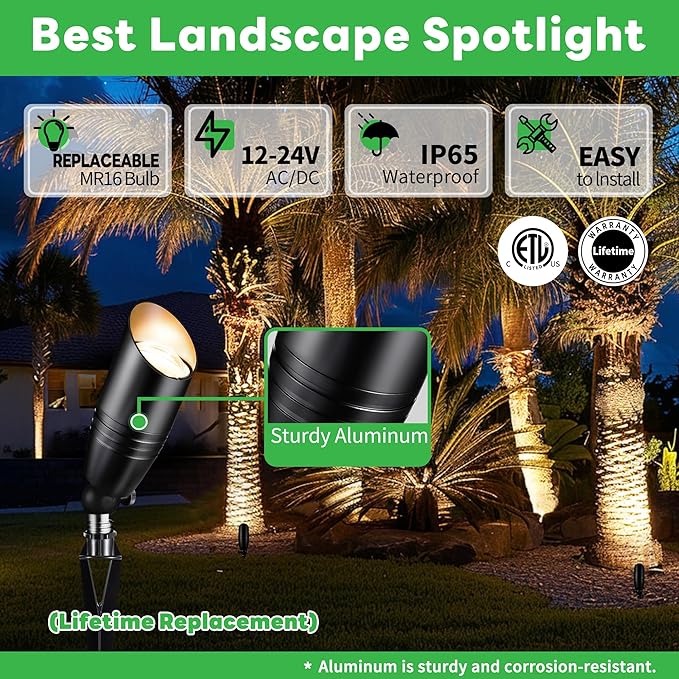 Black Landscape Lighting, LED Low Voltage Spotlights, Outdoor Waterproof Aluminum Uplights for Fence Lawn Plant Decoration Without MR16 Bulb 12 Pack