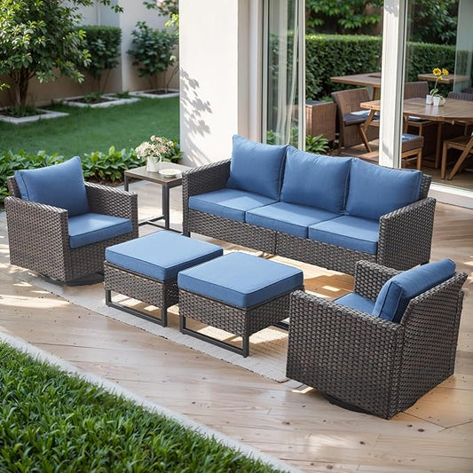 Rilyson Wicker Outdoor Patio Furniture Set - 6 Piece Patio Conversation Set with 2 Swivel Rocker Chairs,2 Rattan Ottoman,1 Couch and 1 Metal Side Table for Outside Porch Deck Backyard(Brown/Blue)
