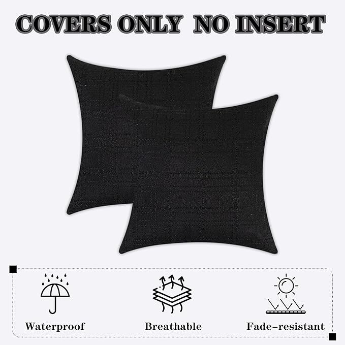 Kevin Textile Pack of 2 Decorative Outdoor Waterproof Throw Pillow Covers Checkered Pillowcases Classic Cushion Cases for Patio Couch Bench 18 x 18 Inch Black