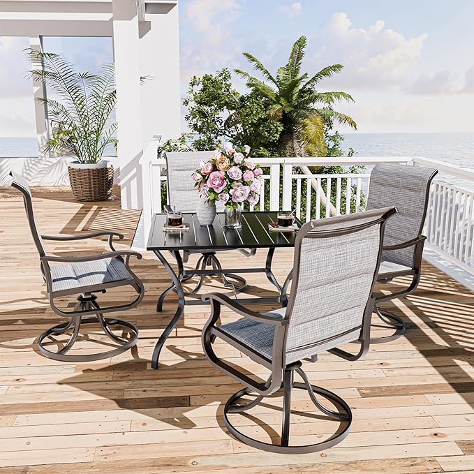 UDPATIO Patio Swivel Dining Chairs Set of 4, Outdoor Swivel Chairs High Back with Padded All Weather Textilene Metal Rocking Frame for Lawn Garden Backyard, Grey White