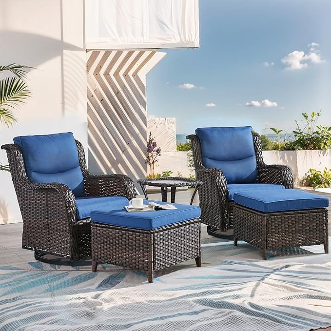 Patio Swivel Chairs with Smile-Shaped Cushions, 3 Piece High Back Patio Swivel Glider Chairs with Side Table 3PCS PE Rattan Luxury Swivel Patio Chair Set Brown Wicker - Blue Cushions