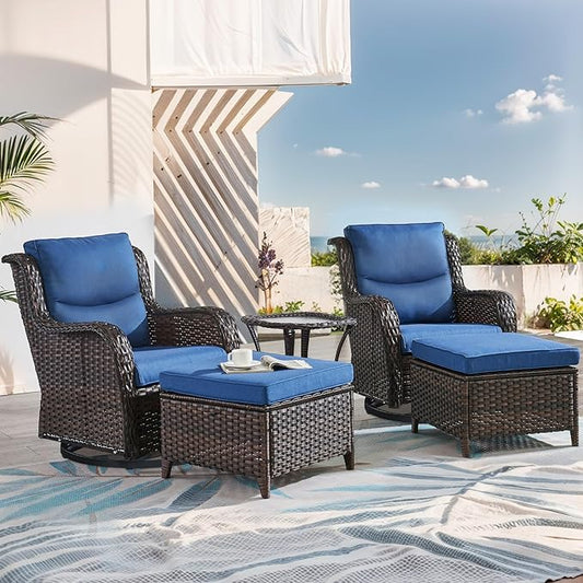 Patio Conversation Set with Smile-Shaped Cushions, Luxury Outdoor Swivel Chairs with Side Table and Ottomans, 5PCS PE Rattan Swivel Glider Chairs Set, Brown Wicker|Blue Cushions