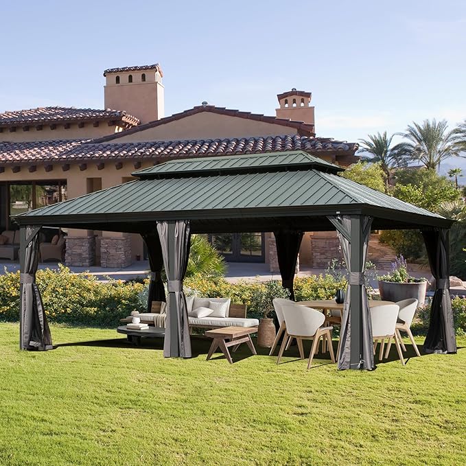 Domi 12' X 18' Hardtop Gazebo Outdoor Metal Gazebo with Galvanized Steel Double Roof Canopy, Aluminum Frame, Curtains and Netting for Patio, Deck, Garden, Grey