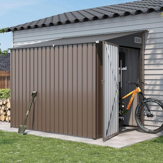 7'x5.5' Lean to Shed Large Storage Room Galvanized Steel Storage Sheds with Side Door Waterproof Utility Shed with Sloped Roof for Mower, Bike, Garden Tools (Brown)