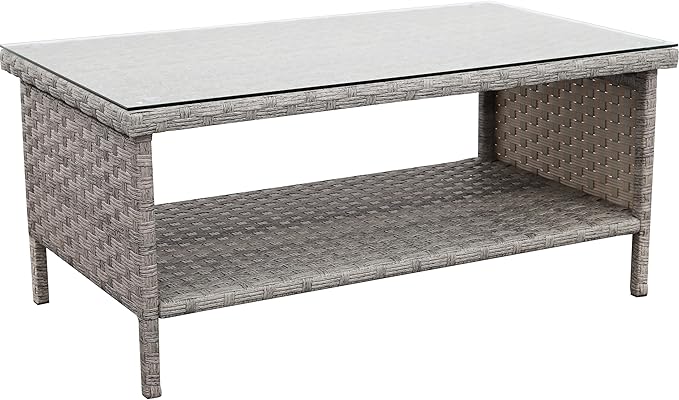 WAROOM Outdoor PE Wicker Coffee Table - Patio Rattan Garden Side End Tea Table with Glass Top Furniture, Grey