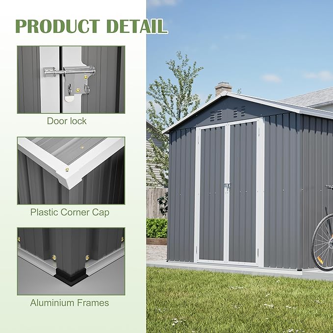 8x12 FT Shed Outdoor Storage Metal Large Garden Tool Sheds with Lockable Doors Floor Frame Gable Roof Waterproof Steel Utility Equipment Sheds for Backyard Patio Lawn Poolside, Grey