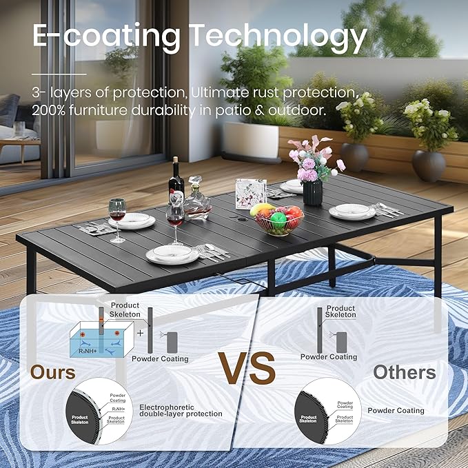 PHI VILLA 9 Pieces Outdoor Dining Set for 8, Rectangle Large Metal IronTable with Umbrella Hole & Cushioned Wicker Chairs, Large Dining Furniture for Patio, Deck, Yard, Porch