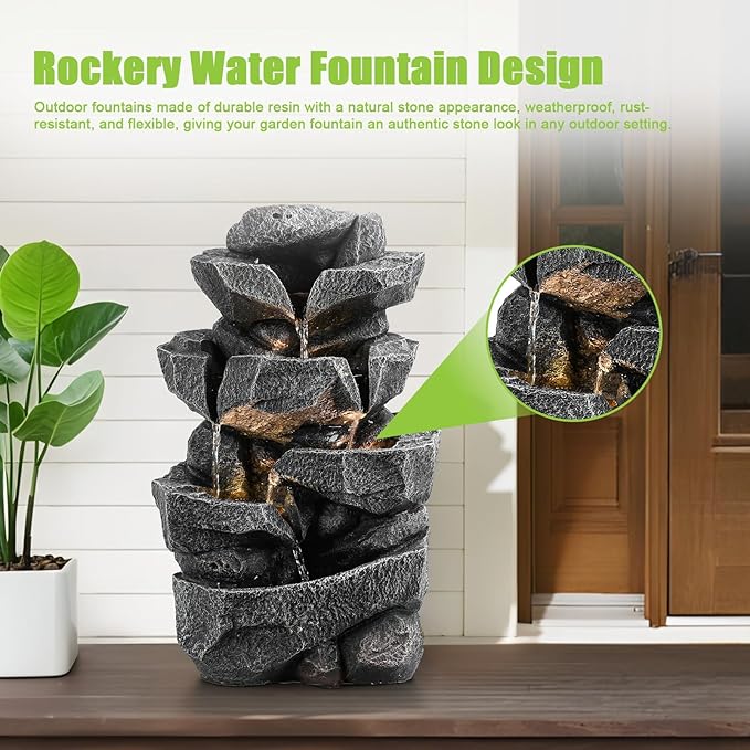 Outdoor 5-Tiers Cascading Rock Water Fountain, Waterfall Fountain with LED Lights, Outdoor Fountains and Waterfalls for Garden or Patio, Yard, and Deck Decor with Natural Stone Look