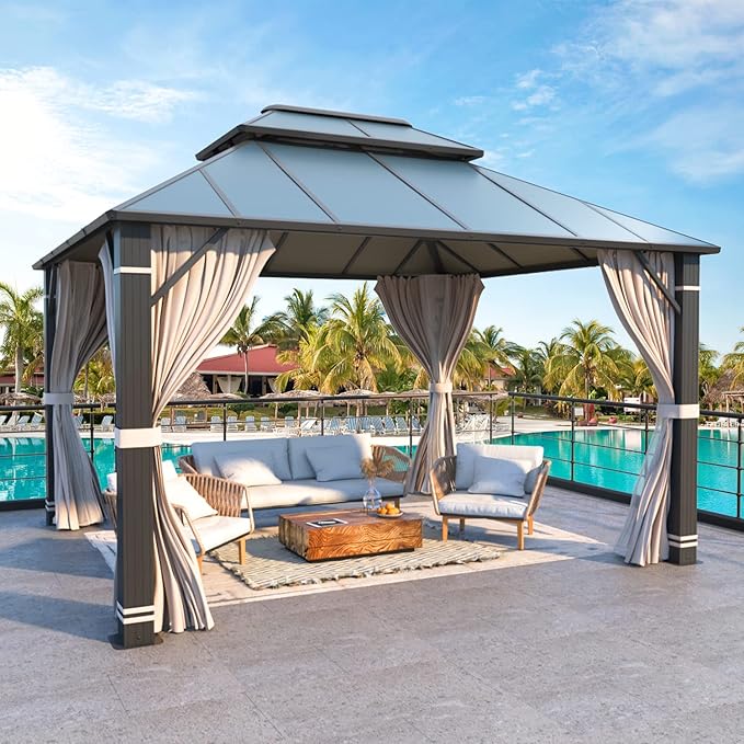 MELLCOM 10x12FT Hardtop Gazebo, Permanent Outdoor Aluminum Patio Gazebo with Aluminum Composite Double Roof for Patio Lawn and Garden, Curtains and Netting Included